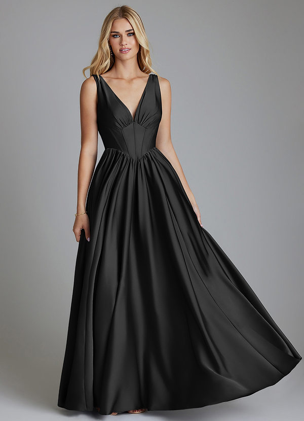 Azazie Delmie Bridesmaid Dresses Black A-Line Corset Stretch Satin Dress image1