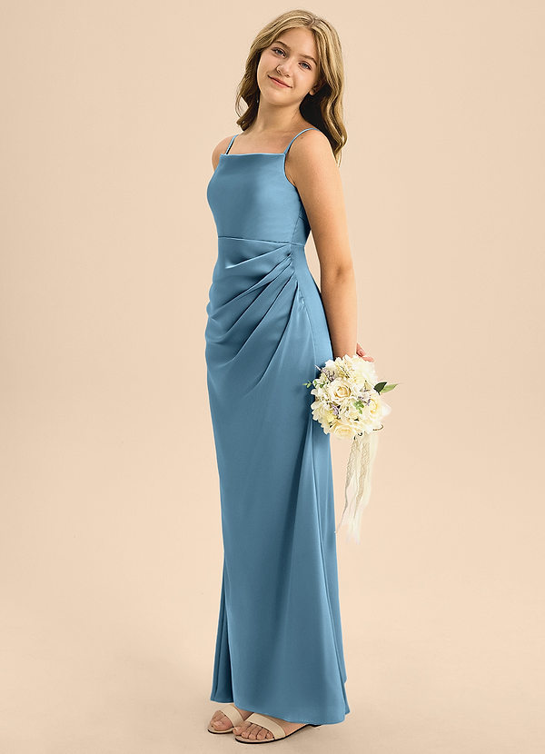 Azazie Renna Junior Steel Blue A-Line Pleated Stretch Satin Dress image1