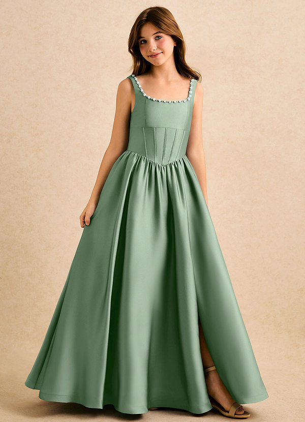 Azazie Enid Girls Formal Sukienki dla dziewczynek sypiących kwiaty Linia A Zroszony Satyna elastyczna Długość podłogi Sukienka image1