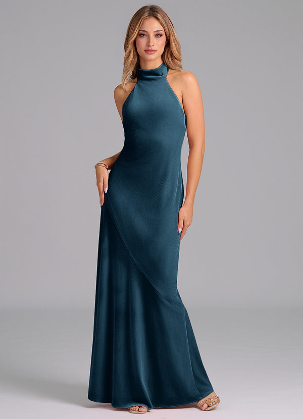 Azazie Velli Vestidos Dama de Honor Vestido de Topacio Azul de terciopelo de Corte Sirena con Cuello Alto image1