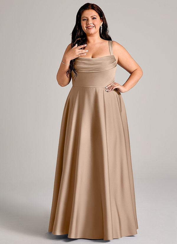 Azazie Shaude Bridesmaid Dresses Taupe A-Line Pleated Stretch Satin Dress image1