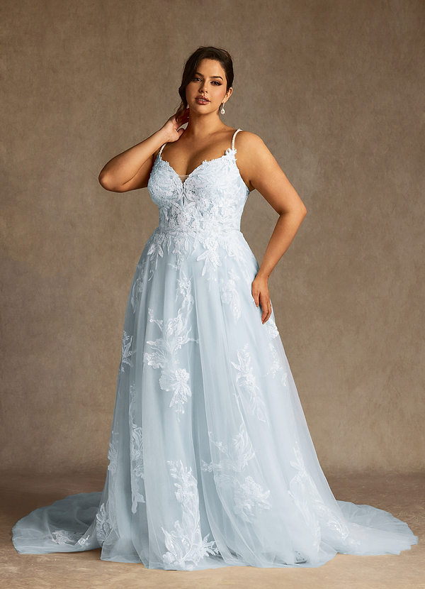 Azazie Lorenza Wedding Dresses Misty Blue A-Line V-Neck Sequins Tulle Dress image1