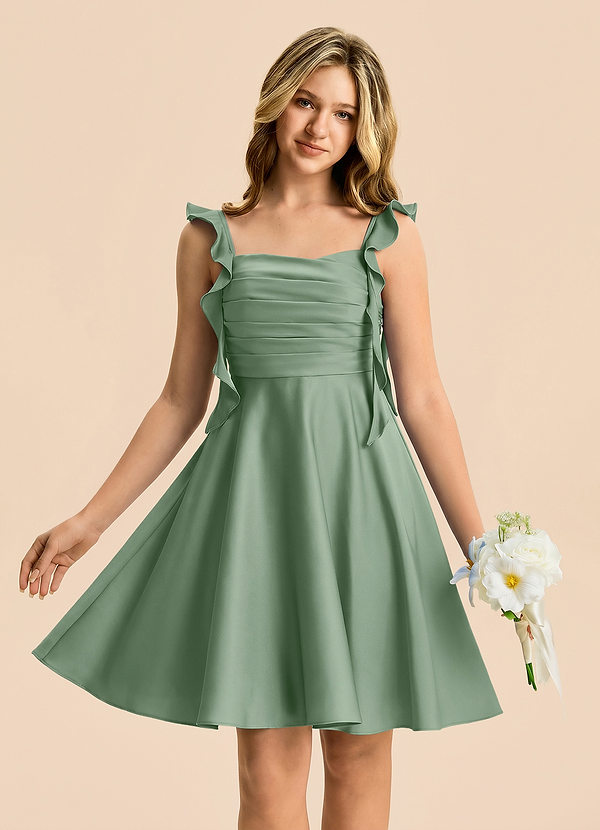 Azazie Kira Junior Vestido de Matcha de Satén Elástico de Corte en A con Volante image1