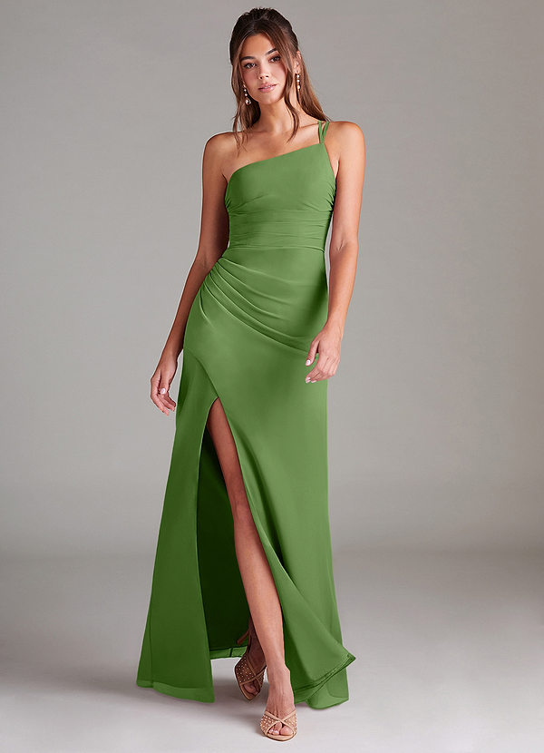Azazie Eren Vestidos Dama de Honor Vestido de Albahaca de Gasa de Corte Recto con Hombro unilateral image1