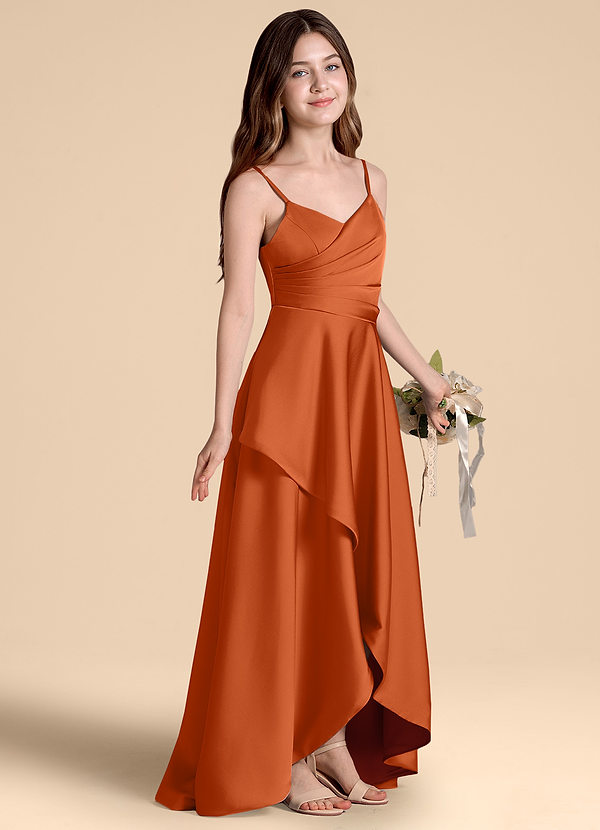 Azazie Prisha Junior Robe Trapèze en Satin extensible Plissée Orange Brûlée image1