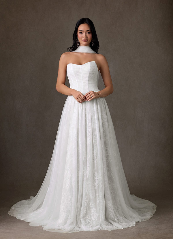 Azazie Adriana 웨딩드레스 A라인 스트랩리스 레이스 코트 트레인 드레스 image1