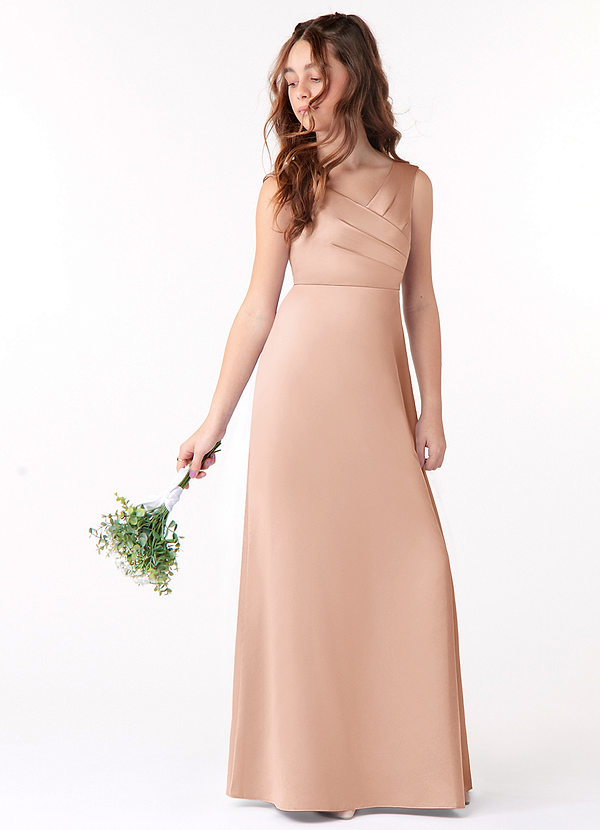Azazie Sadia Junior Rose Gold A-Line Pleated Stretch Satin Dress image1