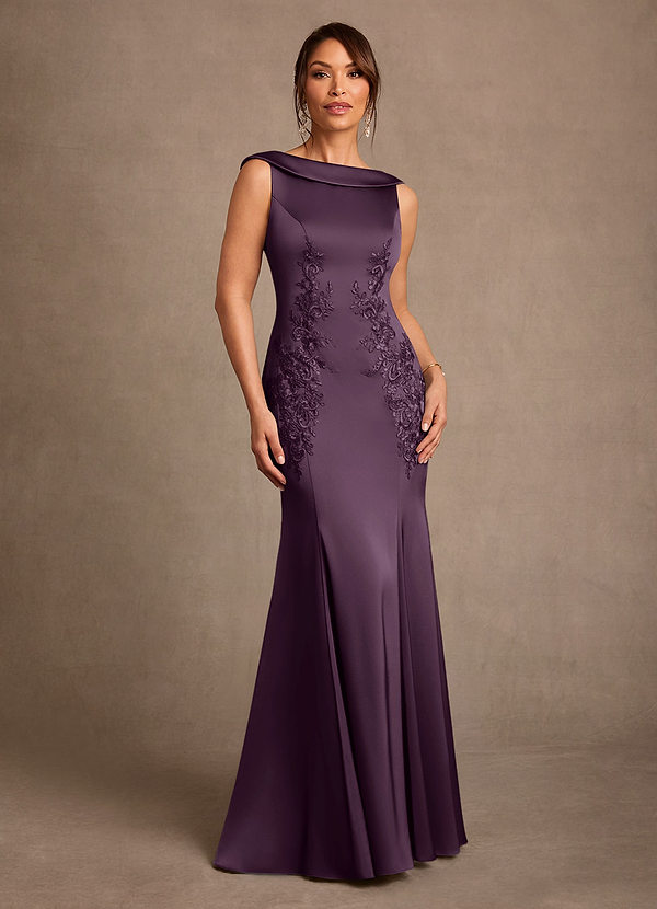 Azazie Franny Mother of the Brides Dresses Plum Sheath Lace Stretch Satin Dress image1