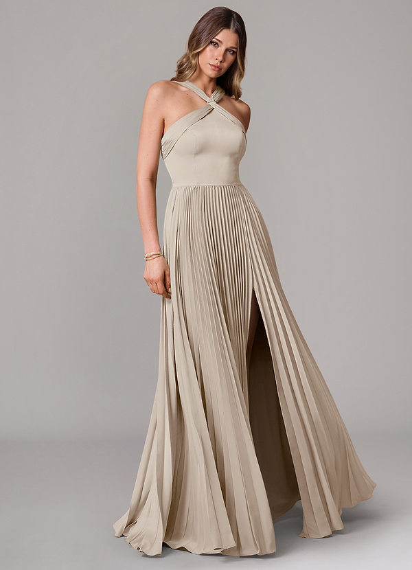 Azazie Afra Robes Demoiselle d'honneur Robe Trapèze en Satin extensible Plissée Givre image1