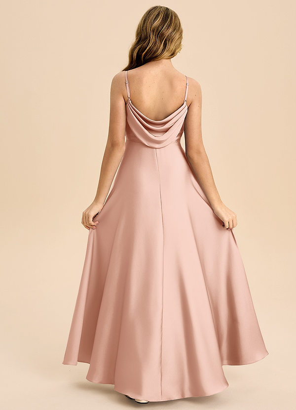 Azazie Bug Junior Robe Trapèze en Satin extensible Plissée Or Rose image1