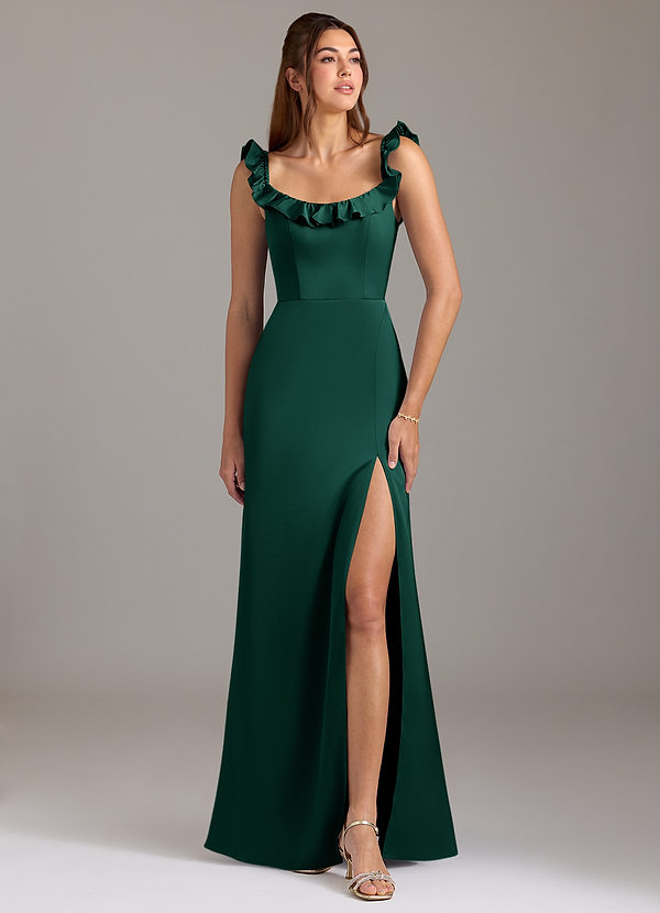 Azazie Callie Bridesmaid Dresses Emerald A-Line Ruched Stretch Satin Convertible Dress image1