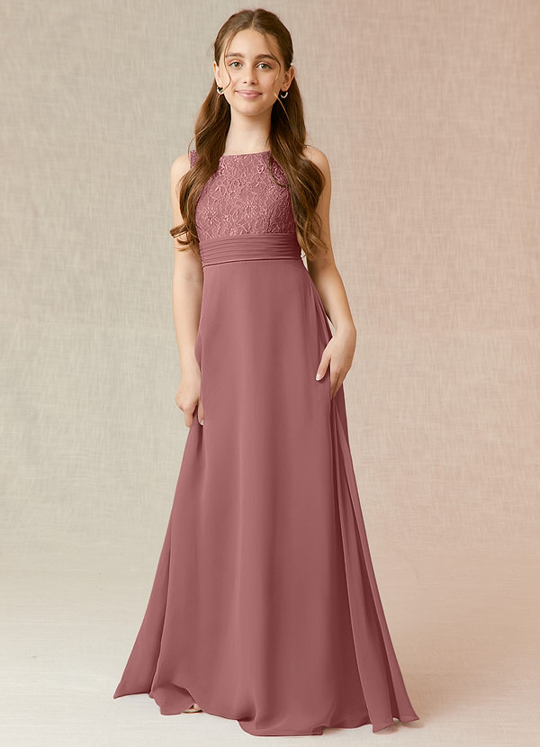 Azazie Snow Junior Jurk van Chiffon met A-Lijn Kant Woestijnroos image1