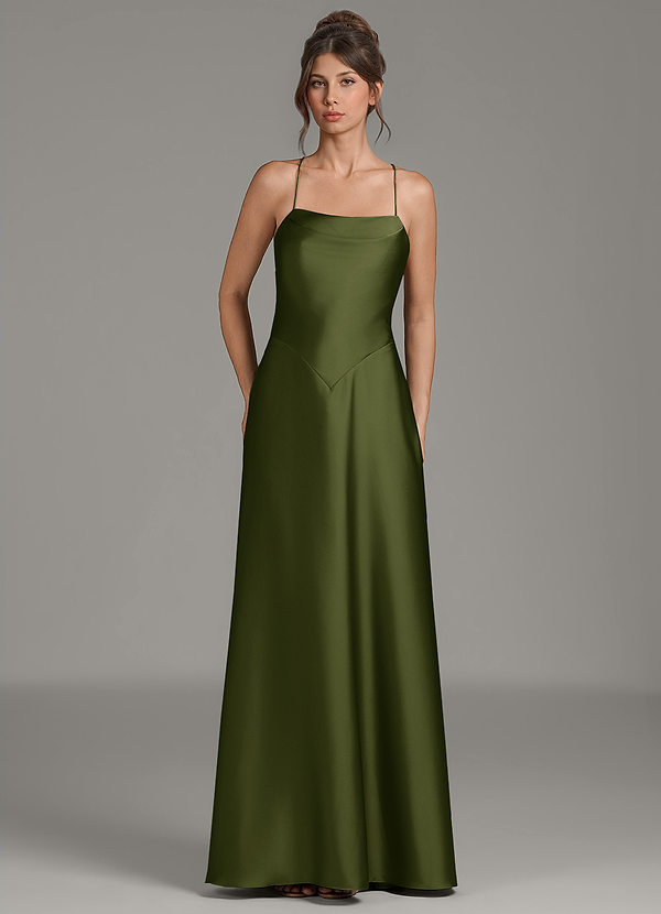 Azazie Eris Bridesmaid Dresses Olive A-Line Pleated Stretch Satin Dress image1