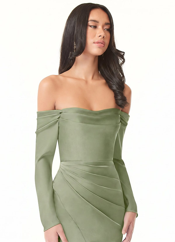 Azazie Hallie Bridesmaid Dresses Pistachio Mermaid Off-The-Shoulder Long Sleeve Stretch Satin Convertible Dress image1