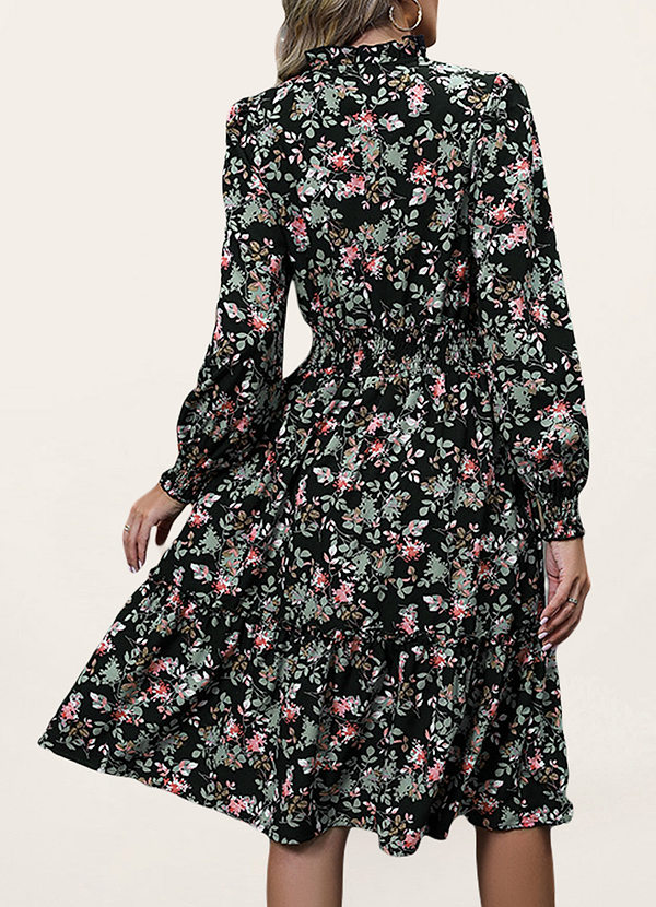 back Hinesville Black Floral Print Long Sleeve Midi Dress