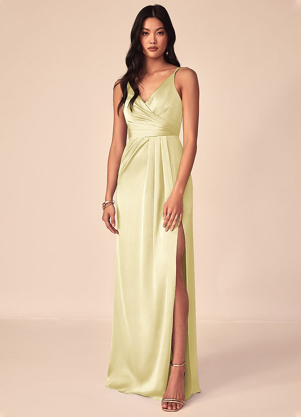 Azazie Aqua Bridesmaid Dresses Lemon Sorbet A-Line V-Neck Pleated Stretch Satin Dress image1