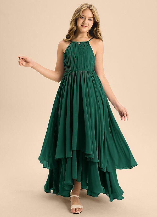 Azazie Elliora Junior Emerald A-Line Pleated Chiffon Dress image1