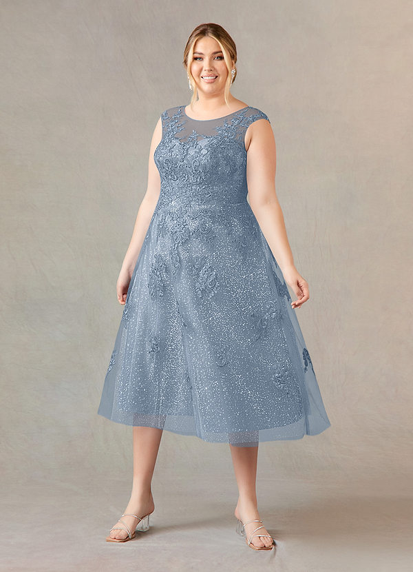 Azazie Flynn Mother of the Brides Dresses Dusty Blue A-Line Boatneck Lace Tulle Dress image1