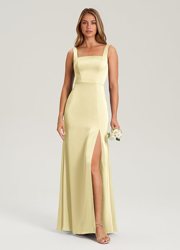 Azazie Frostine Bridesmaid Dresses Lemon Sorbet A-Line Bow Stretch Satin Dress image1