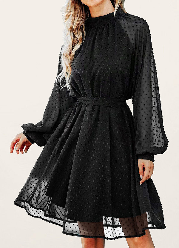 front Amour poétique Noir Robe mi-longue à pois et manches longues