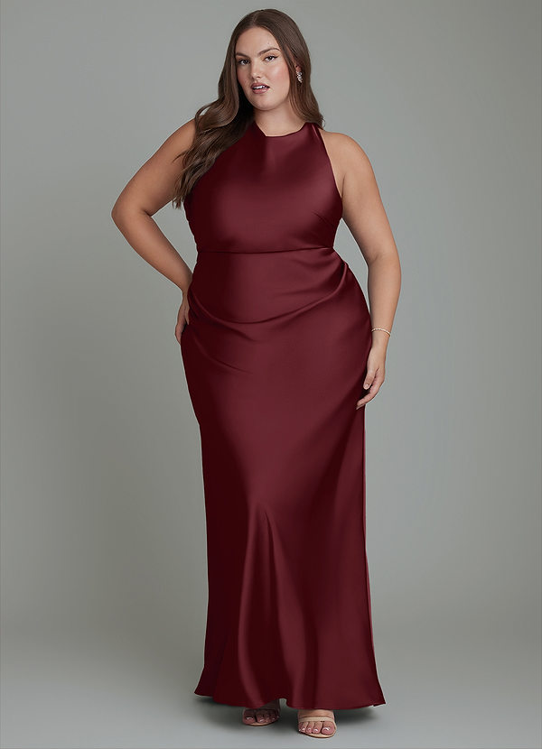 Azazie Evadne Bridesmaid Dresses Cabernet Sheath Pleated Stretch Satin Dress image1