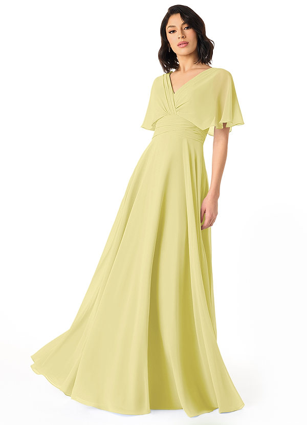 Azazie Pamela Bridesmaid Dresses Lemon Sorbet A-Line V-Neck Pleated Chiffon Dress image1