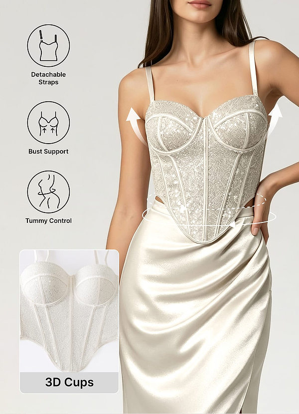 front Corset à armatures et bonnets moulés à paillettes (bretelles amovibles)
