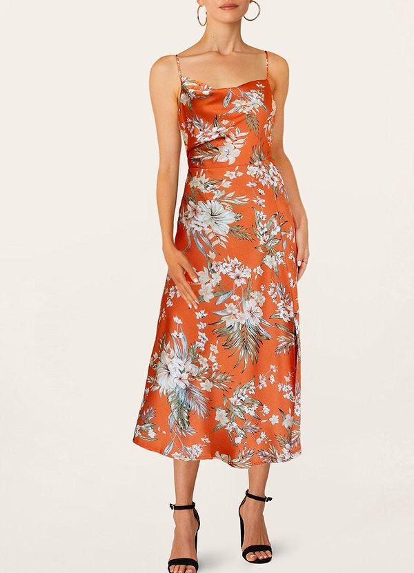 Orange Floral Satin Midi Dress