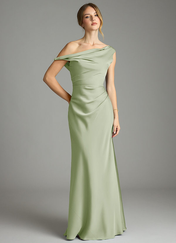 Azazie Emerson Bruidsmeisjesjurken Jurk van Stretch Satijn met Zeemeermin Off-shoulder Stoffige Salie image1