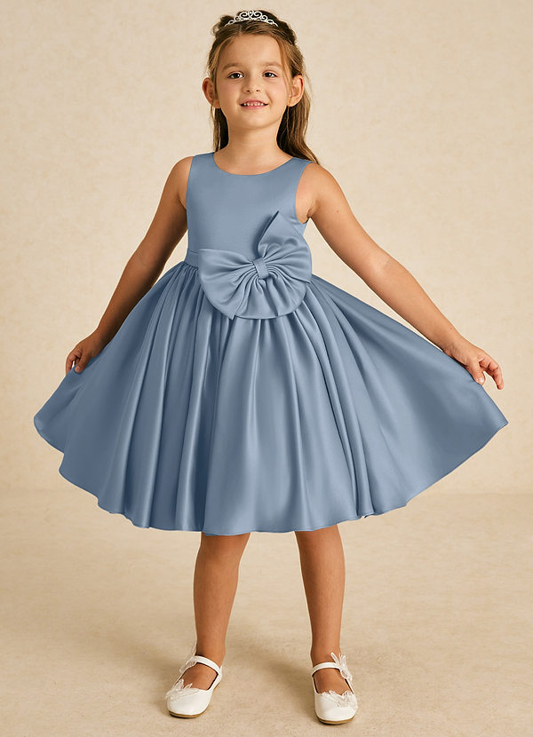 Azazie Apple Flower Girl Dresses Dusty Blue A-Line Bow Matte Satin Dress image1
