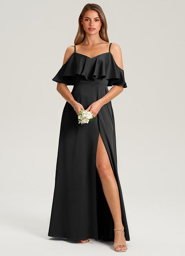 Azazie Jean Bridesmaid Dresses Black A-Line Off the Shoulder Stretch Satin Dress image1