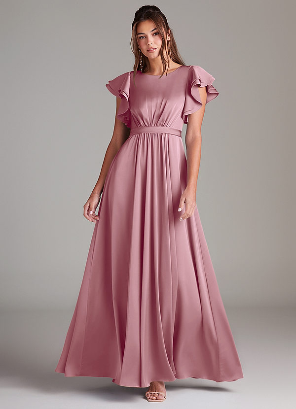 Azazie Daphne Modest Bridesmaid Dresses A-Line Ruched Stretch Satin Floor-Length Dress image1