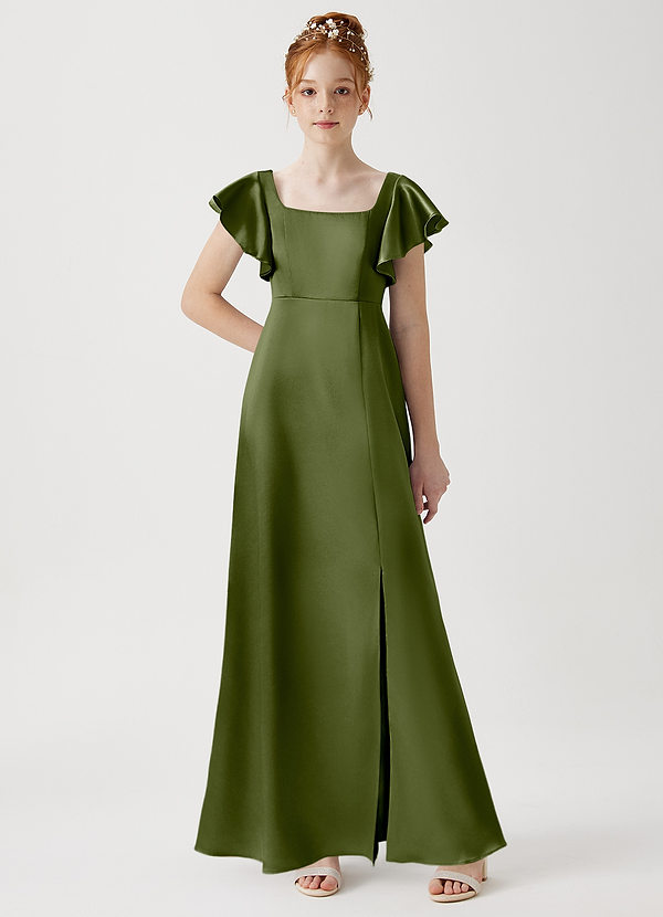 Azazie Bondi Junior Olive A-Line Side Slit Metallic Satin Dress image1