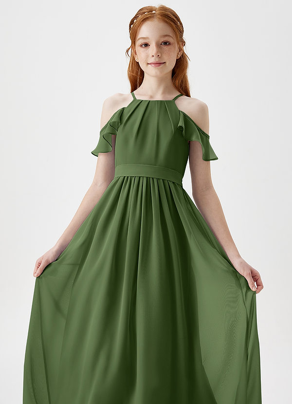 Azazie Chaya Junior Olive A-Line Off the Shoulder Chiffon Dress image1
