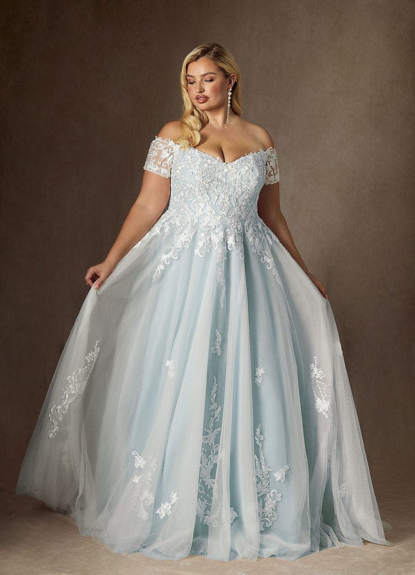 Azazie Rowe Wedding Dresses Cloudy Blue Ball-Gown Off the Shoulder Tulle Dress image1