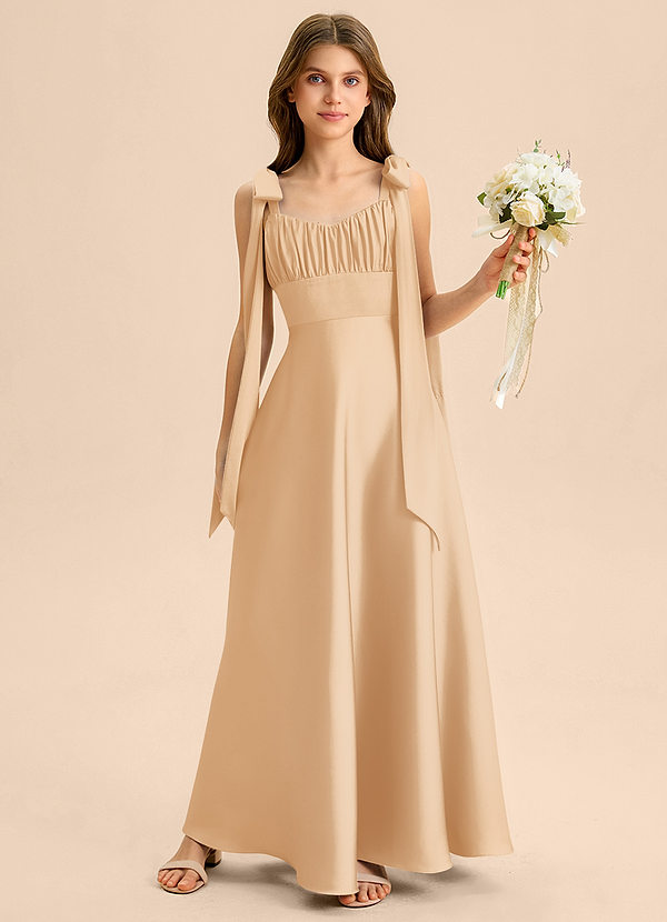 Azazie Halley Junior Robe Trapèze en Satin extensible Arc Or image1