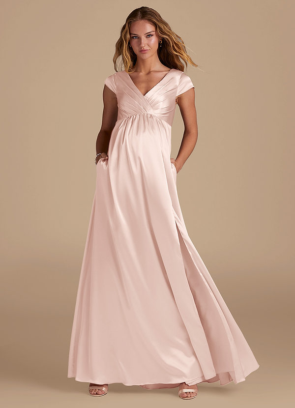 Azazie Allessia Maternity Bridesmaid Dresses A-Line Metallic Satin Floor-Length Dress image1