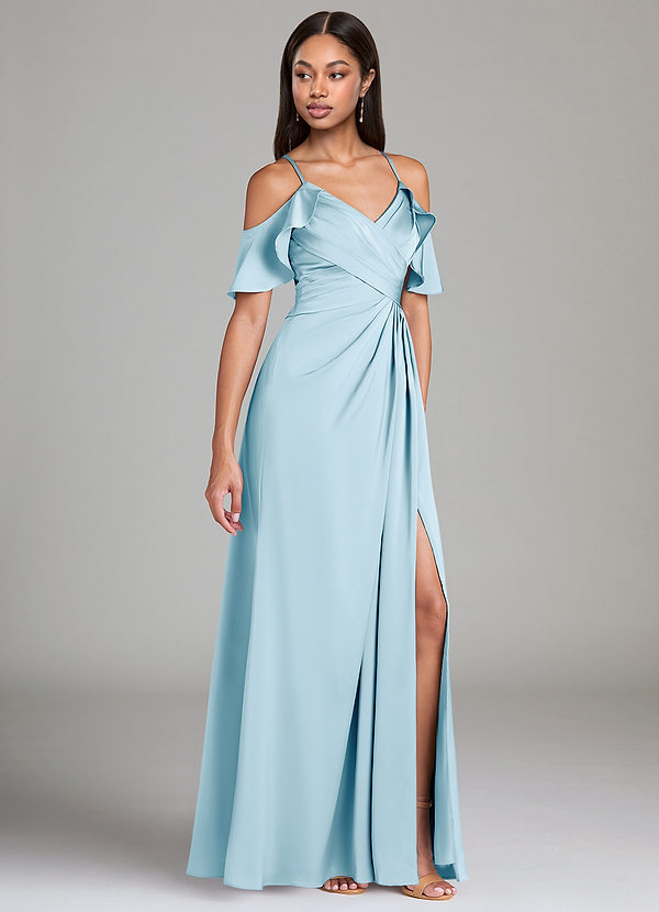 Azazie Dakota Robes Demoiselle d'honneur Robe Trapèze en Satin extensible Épaule décolletée Bleu Ciel image1