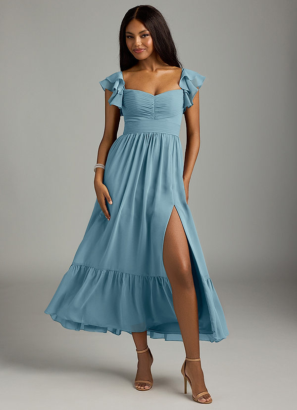 Azazie Anaya Brautjungfernkleider A-Linie Plissee Chiffon Kleid Stimmungsvolles Blau image1