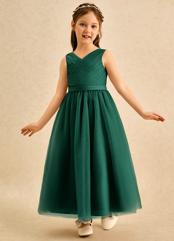 Azazie Lilium Blumenkinder Kleider A-Linie Plissee Tüll Kleid Smaragd image1
