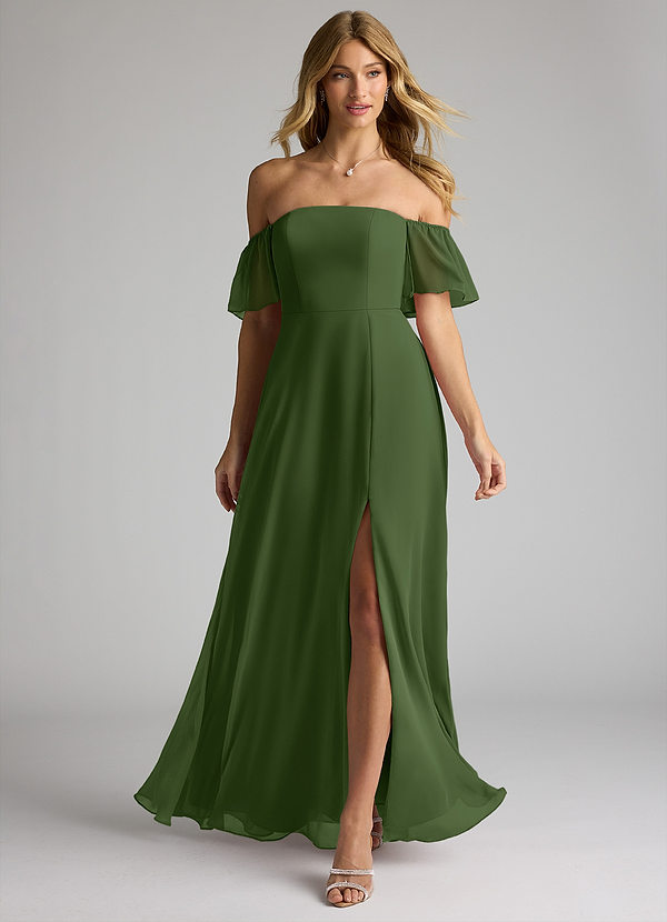 Azazie Sue Bruidsmeisjes Jurken Converteerbaar Jurk van Chiffon met A-Lijn Off the Shoulder Olijf image1