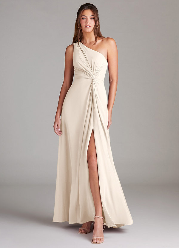 Azazie Brooke Vestidos de dama de honor Vestido Alabastro Blanco de Gasa de Línea A con Un hombro image1