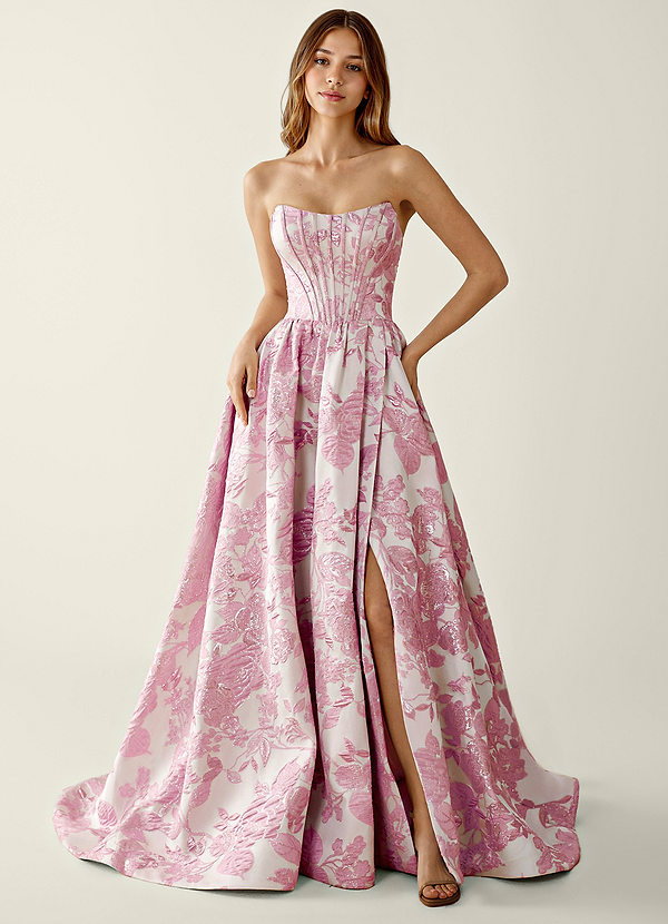Allegra Pink Floral Jacquard Wrap A-line Prom Dress image1