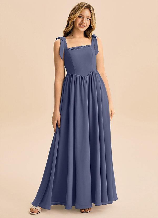 Azazie Delia Junior Abito A-Line in Chiffon Fiocco Stormy image1