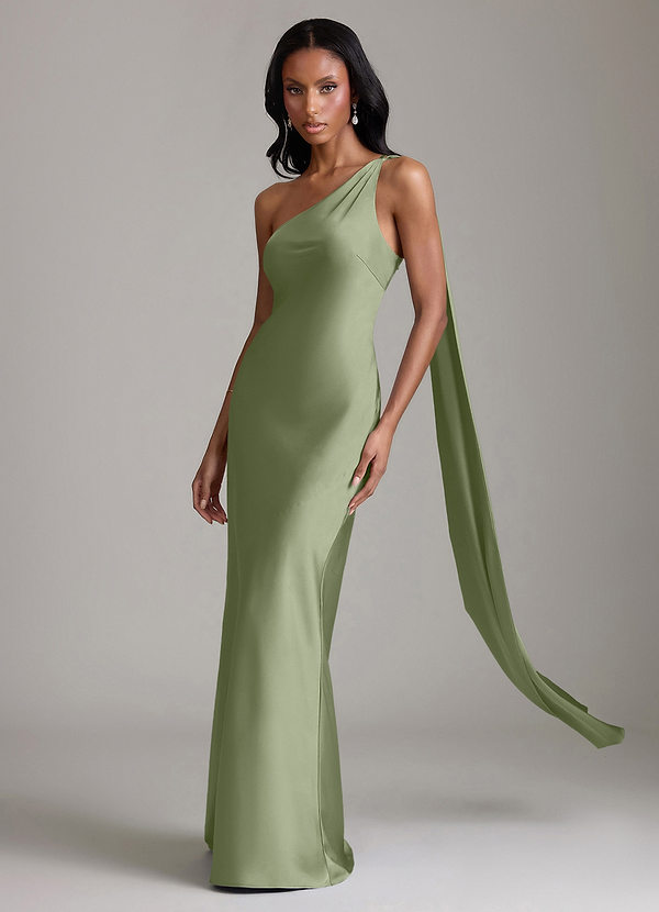 Azazie Juniper Vestidos de dama de honor Vestido Pistacho de Satén Elástico de Corte Sirena con Un hombro image1