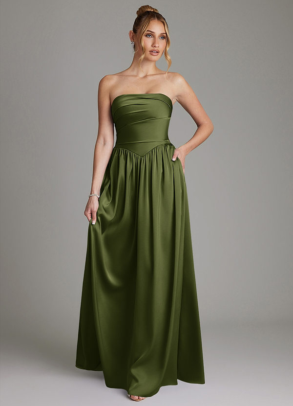 Azazie Zena Bridesmaid Dresses Olive A-Line Strapless Stretch Satin Dress image1