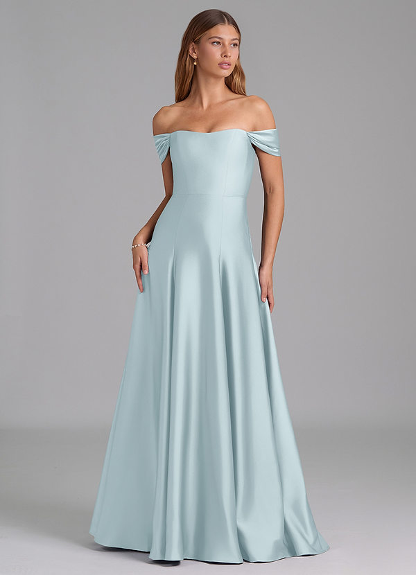 Azazie Seriana 신부 들러리 드레스 A라인 오프 더 숄더 스트레치 새틴 바닥 길이 드레스 image1