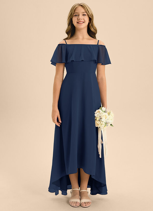 Azazie Maggie Junior Dark Navy A-Line Off the Shoulder Chiffon Dress image1