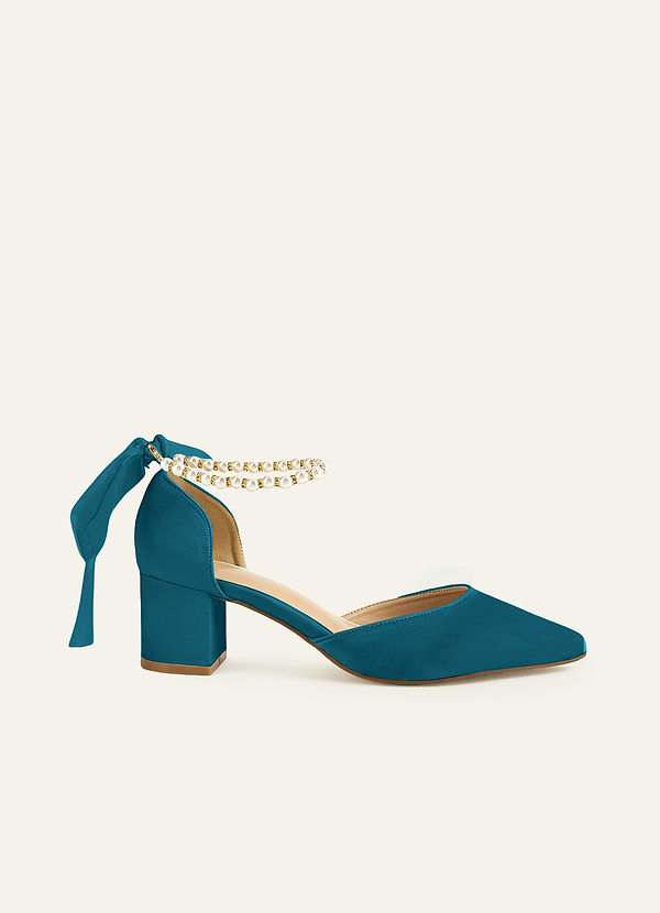 front Matching Color Matte Satin Pearl and Bow Pointed Toe Block Heels