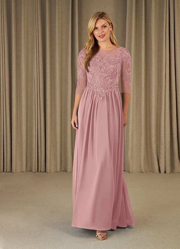 Azazie Mirielle Brautmutterkleider A-Linie Schaufel Spitze Chiffon Kleid Altrosa image1